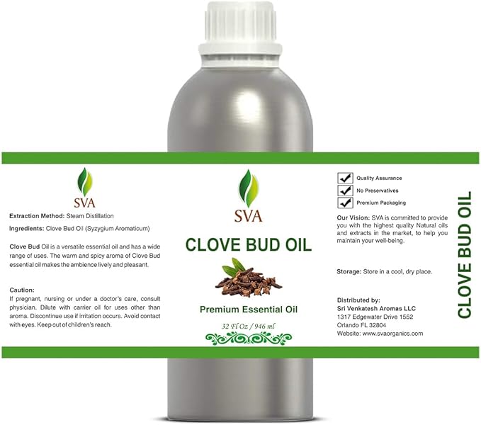 SVA Clove Bud Essential Oil – 32 Fl Oz – 100% Natural Clove Bud Oil - for Diffuser, Hair Care, Face, Skin Care, Aromatherapy, Scalp and Body Massage, Soap and Candle Making