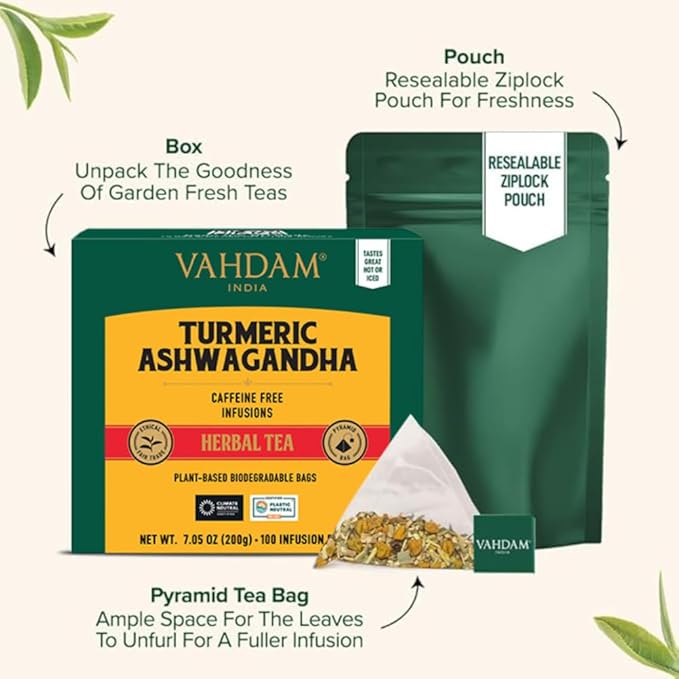VAHDAM, Turmeric Ashwagandha Herbal Tea Bags (100 Count) Caffeine Free, Non GMO, Gluten Free | 100% Pure Herbal Blend - Sweet & Earthy | Whole Leaf Tea Bags | Resealable Ziplock Pouch
