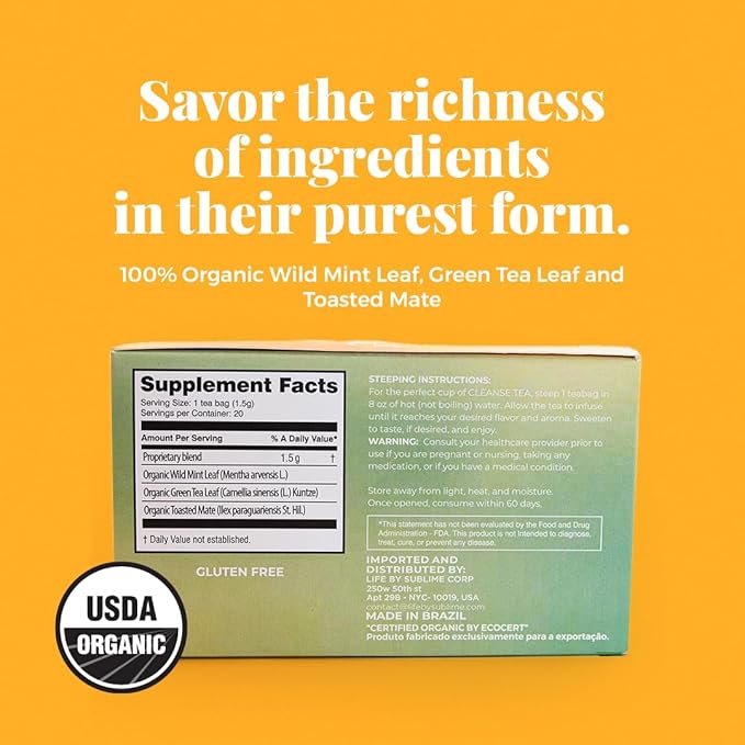 Life by Sublime - Cleanse USDA Organic Mint Green Tea & Yerba Mate, 20 Tea Bags, Naturally Caffeinated Detox Tea, Supports Digestive and Immune Health, Premium Brazilian Harvest