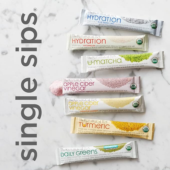 The Republic of Tea Organic Turmeric Single Sips, Instant Turmeric Herbal Tea (14 Single-Serve Packets)