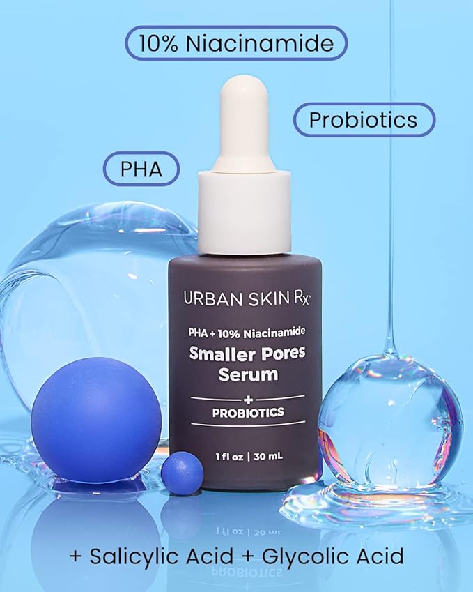 Urban Skin Rx®, PHA + 10% Niacinamide Smaller Pores Serum, Tightens Pores for Clear, Brighter & Smoother Skin, Exfoliates, Decongests, and Controls Excess Oil, 1 Fl Oz.