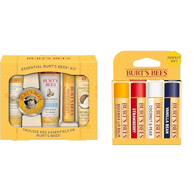 Burt's Bees Mothers Day Gifts Essential Beauty Set, 5 Travel Size - Deep Cleansing Cream, Hand Salve, Body Lotion, Foot Cream and Lip Balm, with 4 Flavored Lip Balms