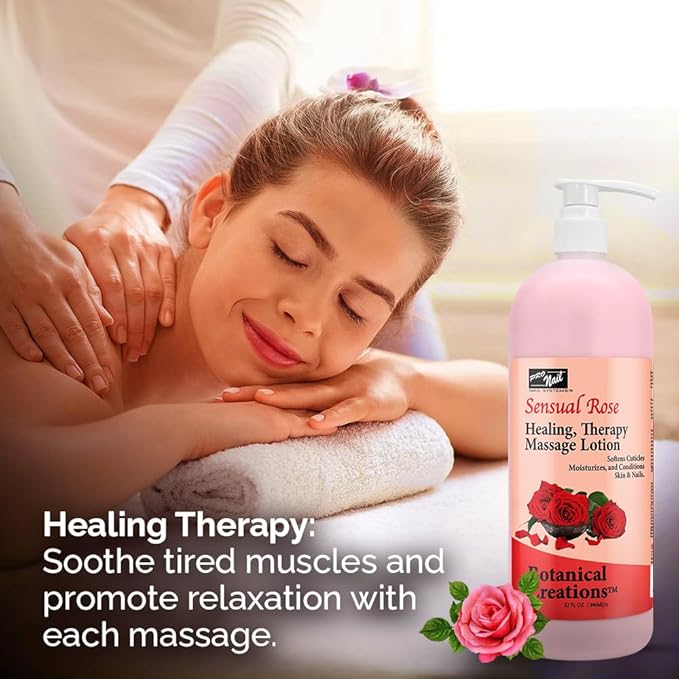 PRO NAIL - Healing Therapy Massage Lotion - Professional Pedicure, Body and Hot Oil Manicure, Infused with Natural Oils, Vitamins, Panthenol and Amino Acids (Sensual Rose, 32 Oz)