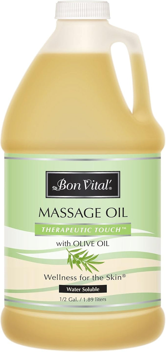 Bon Vital' Therapeutic Touch Massage Oil Made with Olive Oil to Repair Dry Skin & Soothe Sore Muscles, Lightweight Oil Perfect for Any Massage to Hydrate and Nourish Dry, Rough Skin, 1/2 Gallon Bottle