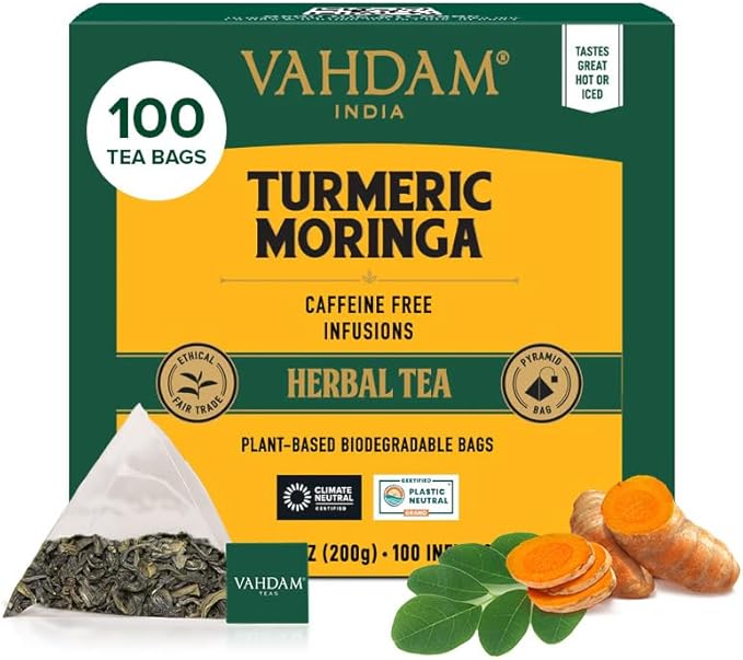 VAHDAM, Turmeric Moringa Tea Bags (100 Herbal Tea Bags) Caffeine Free, Non GMO, Gluten Free | 100% Pure Herbal Blend - Sweet & Earthy | Resealable Ziplock Pouch