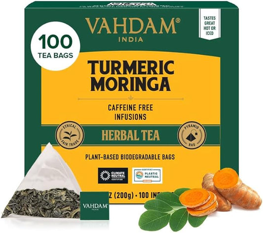 VAHDAM, Turmeric Moringa Tea Bags (100 Herbal Tea Bags) Caffeine Free, Non GMO, Gluten Free | 100% Pure Herbal Blend - Sweet & Earthy | Resealable Ziplock Pouch