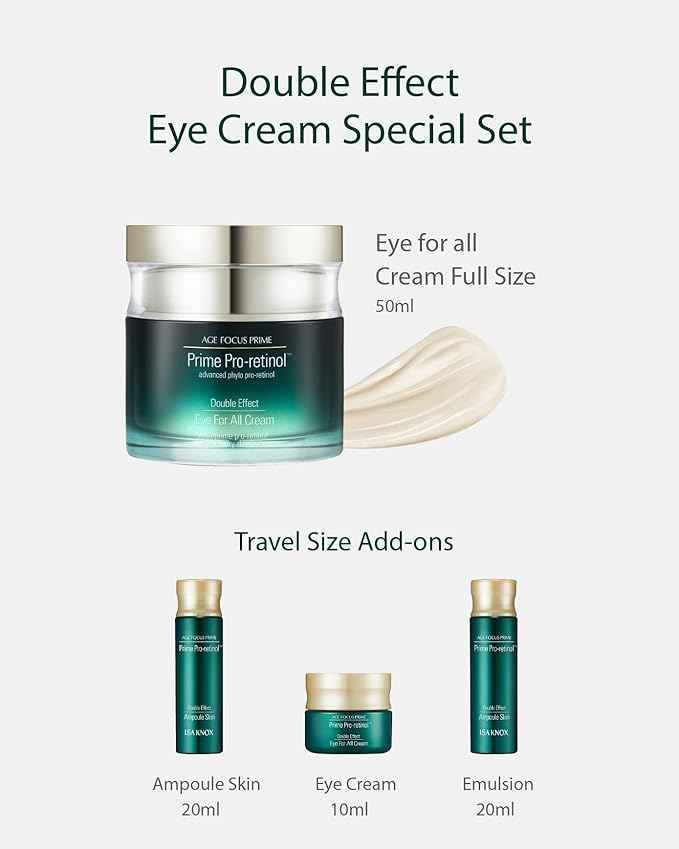 Isa Knox AGE FOCUS Prime Double Effect Eye For All Cream Set (3.4fl oz) - Korean Skin care Set, Anti Aging, Lightweight Rich Eye Cream for Wrinkles, Toner, Emulsion, Daytime Retinol.