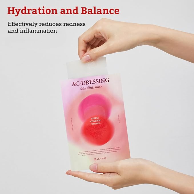 LEADERS AC-Dressing Skin Clinic Mask – Soothing and Calming Sheet Mask for Sensitive, Acne-Prone Skin – Helps Reduce Redness & Irritation, Hydrates, and Balances Skin, Sebum Care Mask – 10 Sheets