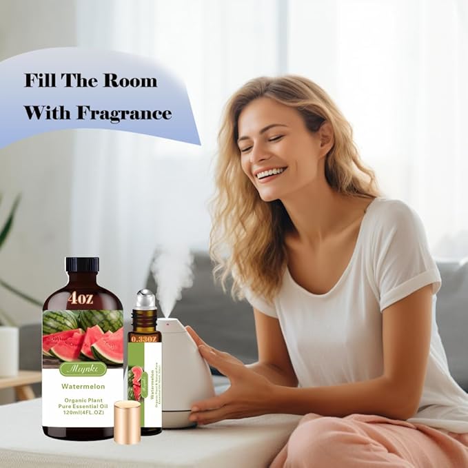 Watermelon Essential Oil - Watermelon Oil 4 Fl Oz & Roll On 10ML Essential Oil Set for Aroma Diffuser Humidifier Home Fragrance Bath SPA Cleaning Massage DIY Candle Making