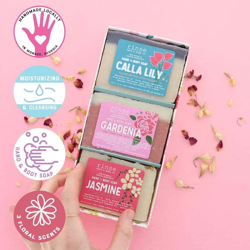 Rinse Bath & Body Flower Soap Set - Handmade Mother's Day Flower Soaps | Calla Lily, Gardenia & Jasmine Scented Soaps | Moisturizing & Cleansing | Shea & Cocoa Butter | 12.75oz