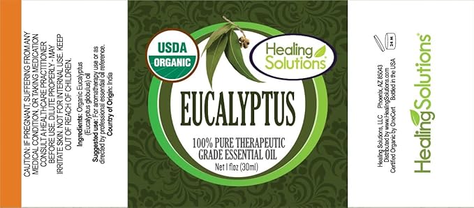 Healing Solutions Eucalyptus Essential Oil 1 oz (30ml), Pure & Organic, Undiluted Eucalyptus Essential Oil for Hair, Diffuser, Skin, & Aromatherapy - Therapeutic Grade