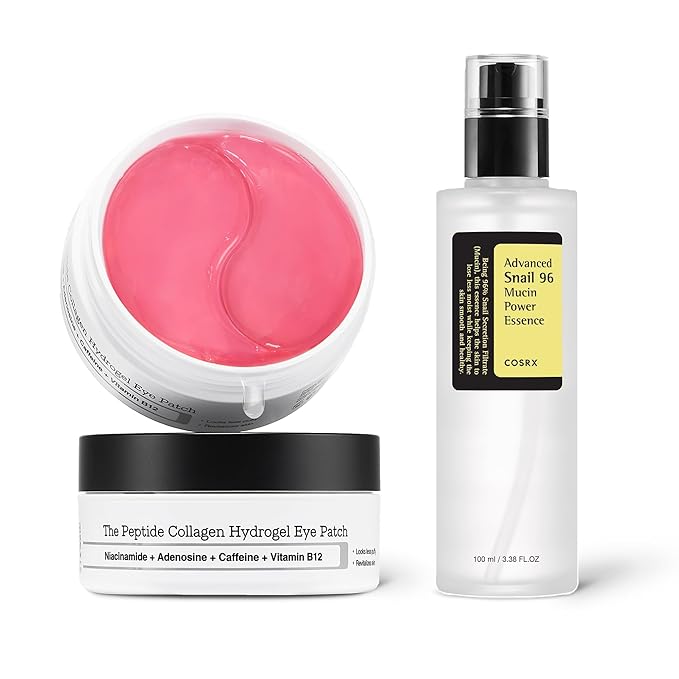 COSRX Peptide Collagen Hydrogel Eye Patch + Snail Mucin 96% Power Essence, Korean Skin Care