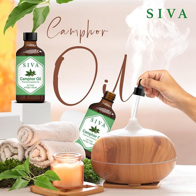 Siva Camphor Essential Oil - 4 Fl Oz – Natural Camphor Oil - for Diffuser, Face, Skin Care, Aromatherapy, Hair Care, Scalp and Body Massage - with Dropper