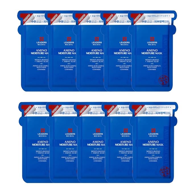 Leaders Mediu Amino Moisture Hydrating Facial Sheet Mask | Natural Mineral Water, Hyaluronic Acid, Ceramide | Anti-Aging, Soothes Dry Skin, Enhances Elasticity (10 Sheets)