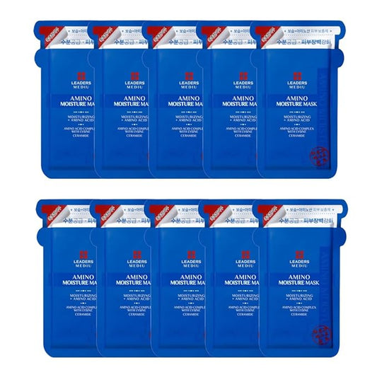 Leaders Mediu Amino Moisture Hydrating Facial Sheet Mask | Natural Mineral Water, Hyaluronic Acid, Ceramide | Anti-Aging, Soothes Dry Skin, Enhances Elasticity (10 Sheets)