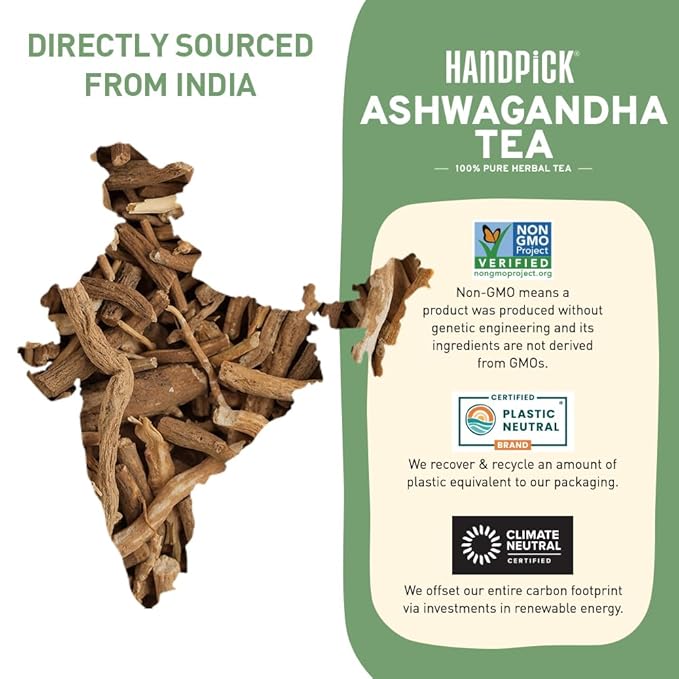 HANDPICK, Ashwagandha Root Tea (100 tea Bags) - Herbal Supplement - For Health & Wellbeing - With Antioxidants & Minerals - Caffeine Free, Gluten Free, Packed in Ecofriendly Tea Bags