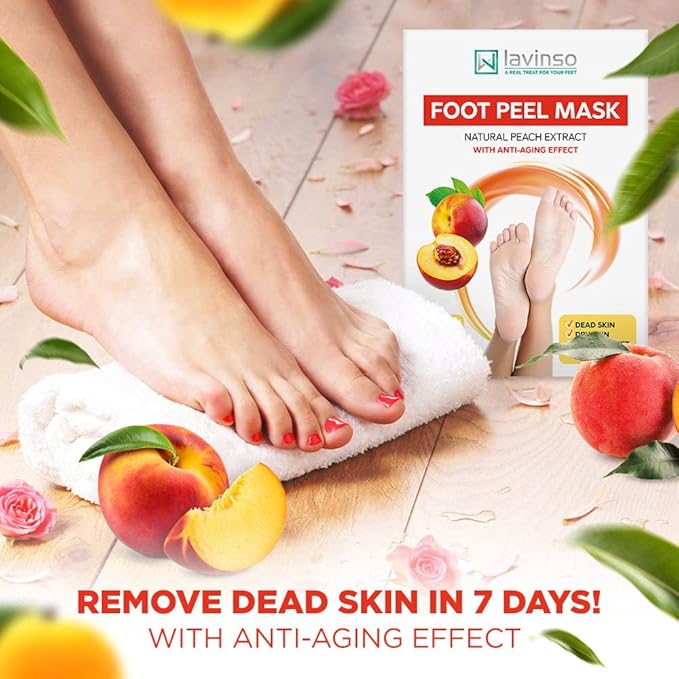 Lavinso Peach Foot Peel Mask for Dry Cracked Feet - 4 Pack - Dead Skin Remover Foot Mask for Cracked Feet and Callus - Exfoliating Feet Peeling Mask for Soft Baby Feet