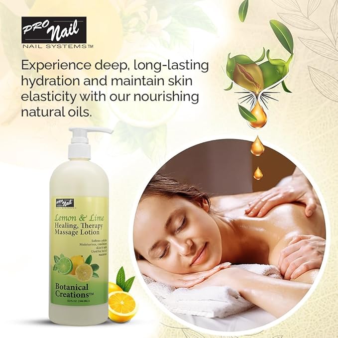 PRO NAIL - Healing Therapy Massage Lotion - Professional Pedicure, Body and Hot Oil Manicure, Infused with Natural Oils, Vitamins, Panthenol and Amino Acids (Lemon and Lime, 32 Oz)