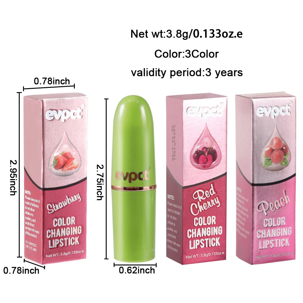 evpct 3Pcs Magic Color Changing Lipstick Long Lasting Waterproof 24 Hours Original for Women, Peach Strawberry Black Red Cherry Pink PH Mood Permanent Color Changing Lipstick Lip Balm, labial magico