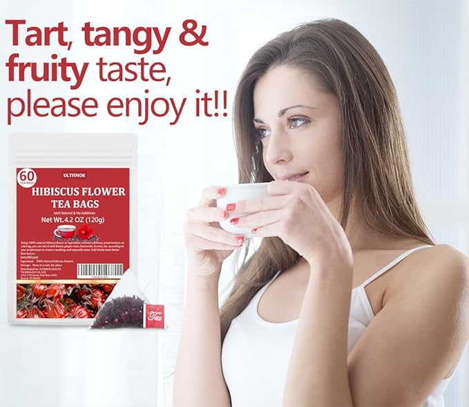Premium Hibiscus Tea Bags,60 Tea Bags 2g /4.24 Oz,100% Pure Dried Hibiscus Flower,Natural & No Additives,Caffeine Free.