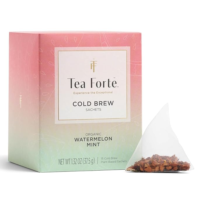 Tea Forte Watermelon Mint Cold Brew Iced Tea, Organic Caffeine Free 15 Sachet Infuser Tea Bags, Steeps in Cold Water