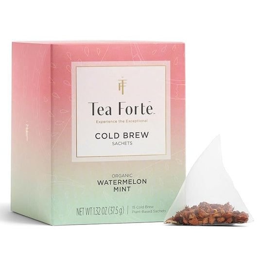 Tea Forte Watermelon Mint Cold Brew Iced Tea, Organic Caffeine Free 15 Sachet Infuser Tea Bags, Steeps in Cold Water