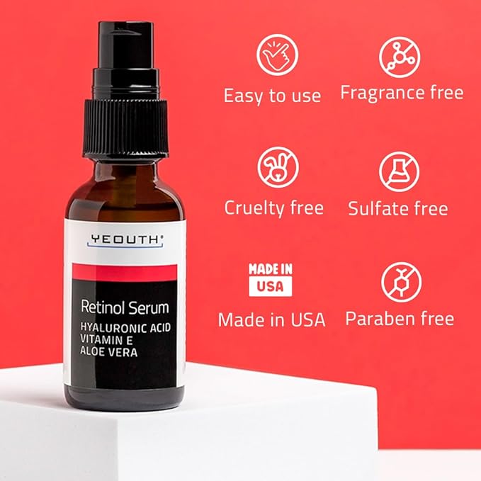YEOUTH Retinol Serum for Face with Hyaluronic Acid & Vitamin E, Hydrating Retinol for Face, Night Serum Suitable for All Skin Types 1oz