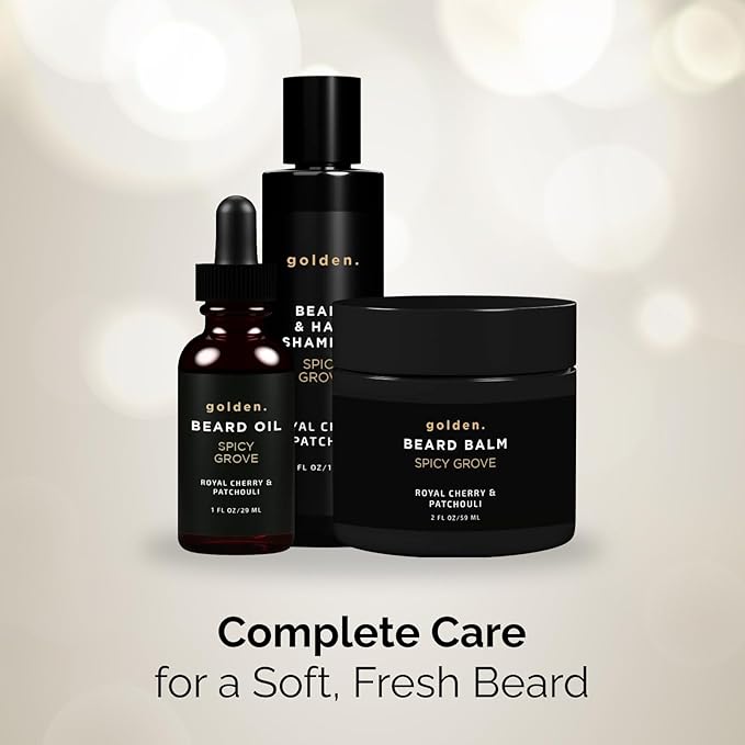 Golden Grooming Co. Everyday Beard Bundle – Complete Beard Care Set | Includes Beard Oil, Balm & Shampoo (Regular, Spicy Grove)