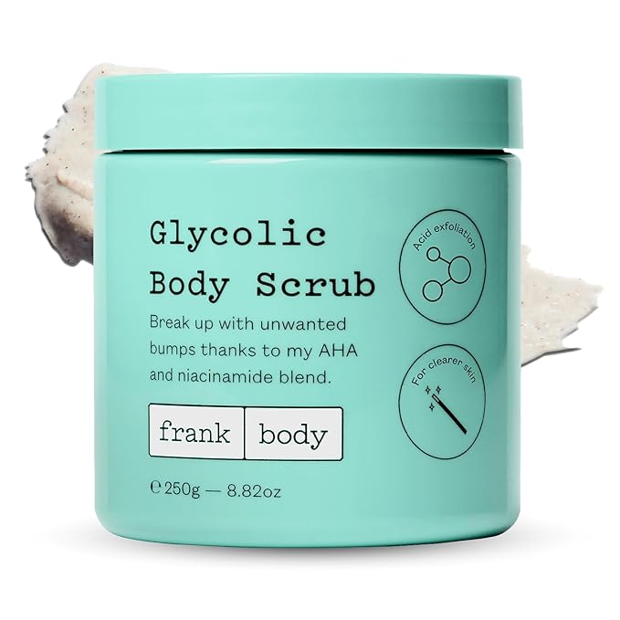 frank Body Glycolic Body Scrub | Vegan, Cruelty Free, Exfoliating Body Scrub | Helps to Fight Breakouts and Soothes Skin & Marks with AHA, Pumice, Witch Hazel, and Niacinamide | 8.82 oz / 250 g