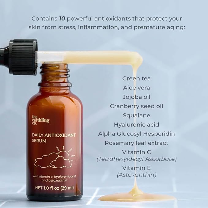 The Earthling Co. Antioxidant Serum for Daily Use - Brightens, Evens Skin Tone and Reduces Dark Spots with Vitamin C and Hyaluronic Acid - Gentle Hydrating Serum for Sensitive Skin, 1.0 fl oz