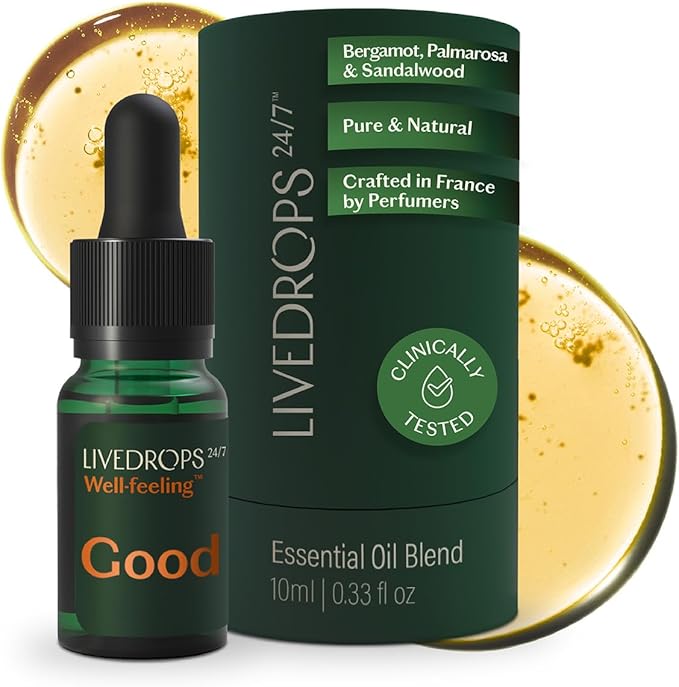 LIVEDROPS 24/7 Good Essential Oil Blend - Bergamot, Palmarosa & Sandalwood – Natural Aromatherapy for Positivity & Focus – Crafted in France by Perfumers – Skin-Safe & Diffuser Compatible