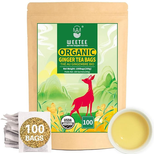 WT WEETEE Organic Ginger Tea Bags, 100% Pure Ginger Root Tea 100 Count, Caffeine Free, No Spices, No Flavors