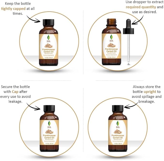 SVA Frankincense Essential Oil – 1 Fl Oz – 100% Natural Boswellia Carterii Oil - for Diffuser, Hair Care, Face, Skin Care, Aromatherapy, Scalp and Body Massage, Soap and Candle Making – with Dropper