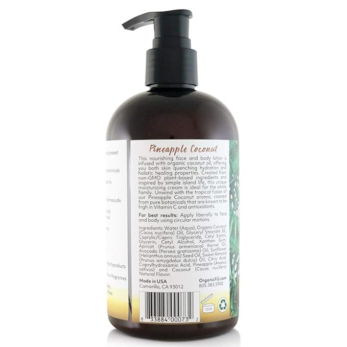 Coco Fiji Face & Body Lotion Infused With Coconut Oil | Lotion for Dry Skin | Moisturizer Face Cream & Massage Lotion for Women & Men | Pineapple Coconut 12 oz, Pack of 3
