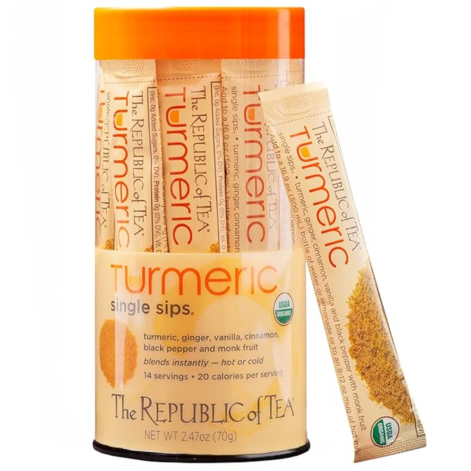 The Republic of Tea Organic Turmeric Single Sips, Instant Turmeric Herbal Tea (14 Single-Serve Packets)