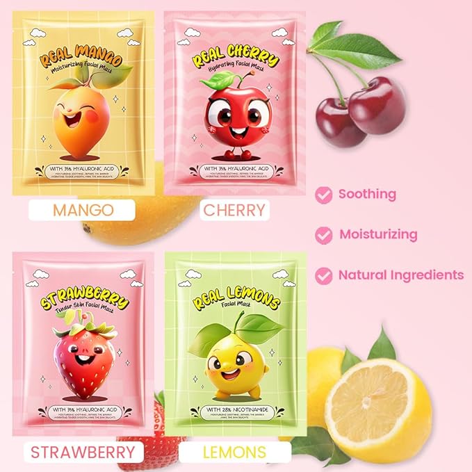 Kaely 12 Pack Fruit Face Masks for Kids, Kids Face Mask Spa Day kit Supplies, Spa Party Favors for Teens Girls Women, Sheet Facial Mask Skincare Gifts Set, Moisturize Soothe for All Skin Types, 02