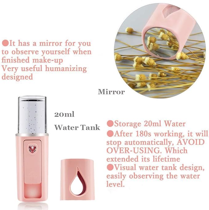 Portable Nano Facial Mister Mini Facial Steamer Atomization Eyelash Extensions with Mirror & 20ml Visual Water Tank (Pink)