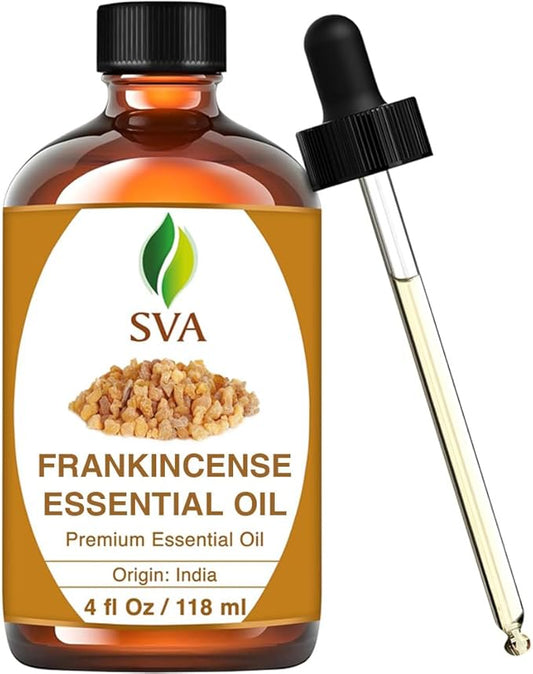 SVA Frankincense Essential Oil – 4 Fl Oz – 100% Natural Boswellia Serrata Oil - for Diffuser, Hair Care, Face, Skin Care, Aromatherapy, Scalp and Body Massage, Soap and Candle Making – with Dropper