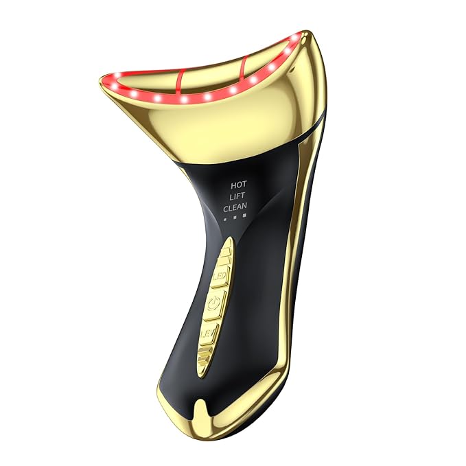 Neck and Face Sculptor with 7-in-1 Led for Skin Care,Water Resistant True Beauty Glow Facial Massager (Black-Gold)
