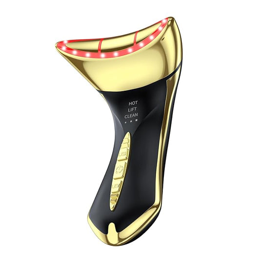 Neck and Face Sculptor with 7-in-1 Led for Skin Care,Water Resistant True Beauty Glow Facial Massager (Black-Gold)