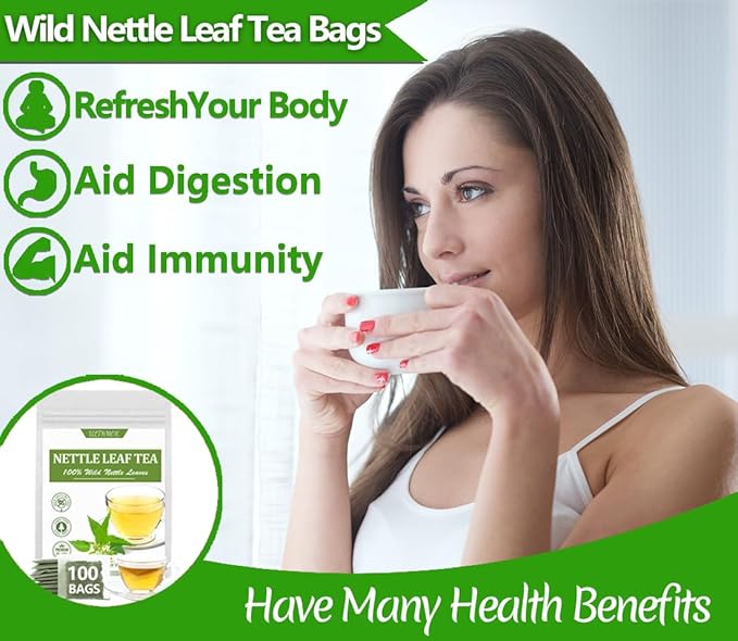 Premium 100 Stinging Nettle Leaf Tea Bags, Made with 100% Wild Nettle Leaves，No Additive & Caffeine Free.