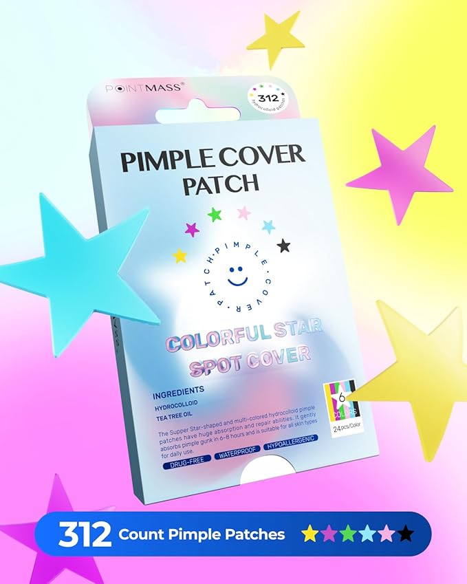 Star Pimple Patches for Face: Cute Acne Dots Hydrocolloid Stickers, Strong Absorption, 6 Colors, 312 Patches, Overnight Care