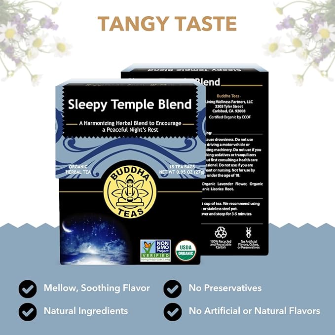 Buddha Teas - Sleepy Temple Blend - Organic Herbal Tea - For Health & Wellbeing - Blend of Herbs & Flowers - Clean Ingredients - Caffeine Free - OU Kosher & Organic - Non-GMO - 18 Bleach-Free Tea Bags