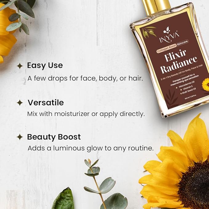 Elixir Radiance 3-in-1 Luxurious Dry Beauty Oil for Face, Body, & Hair - Vitamin E & Macadamia Oil -Hydrating, Non Greasy & Lightweight - Radiant Glow - 3.38 Oz