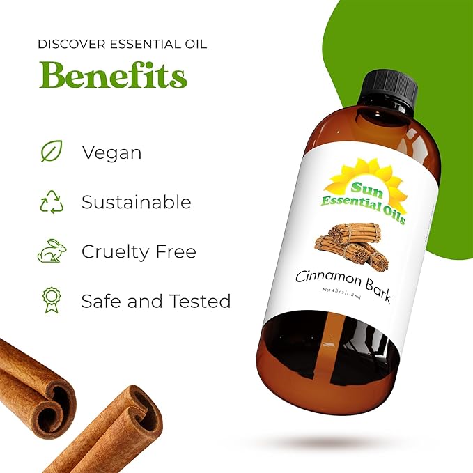 Sun Essential Oils - Cinnamon Bark Essential Oil (4 oz) with Dropper for Diffuser, Aromatherapy Massage, Skin & Hair, Fragrance for Candle, Soap & Lotion Making at Home