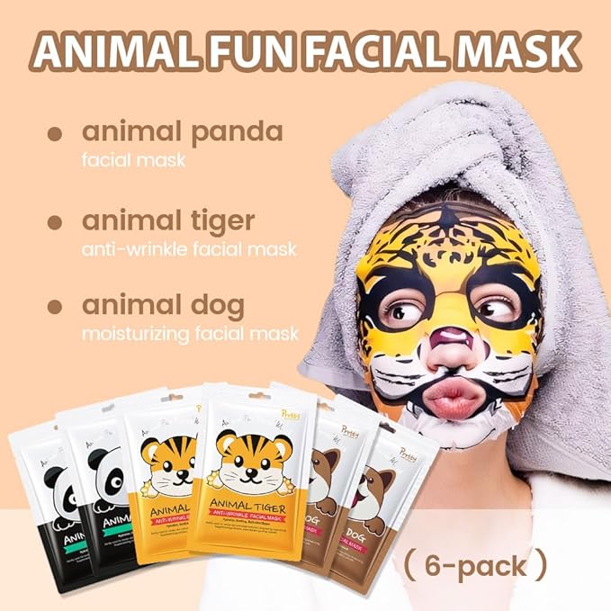 Kaely 6 Pack Animal Character Sheet Masks, Face Masks for Kids Teens Skin Care, Korean Soothe Facial Mask for All Skin Types, Girls Night Skincare Spa Party, Birthday Gifts for Women Men, Set01