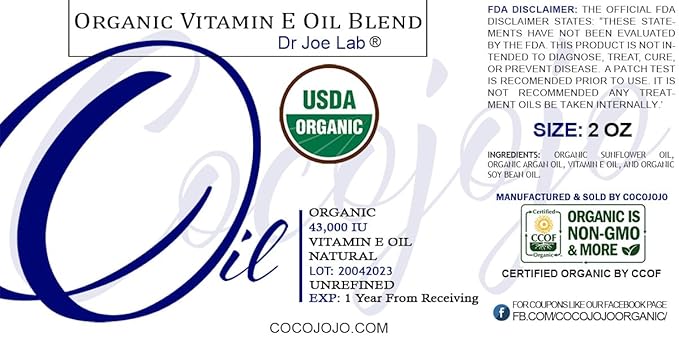 Dr Joe Lab Organic Vitamin E Oil for Skin, Hair, Face, Liquid Body Oil, Pure Natural Cold Pressed Unrefined, Moisturizes & Nourishes, Non GMO - 2 Oz