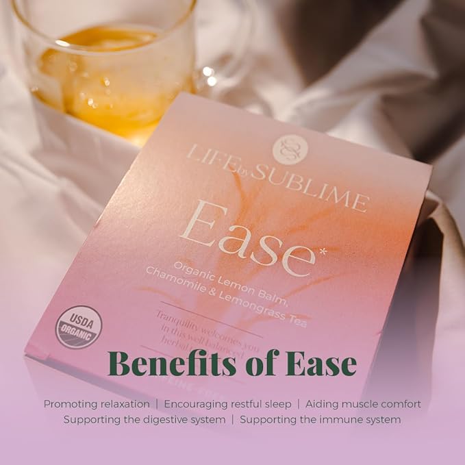 Life by Sublime - Ease USDA Organic Lemon Balm Chamomile Tea, 20 Tea Bags, Caffeine-Free, Promotes Relaxation, Stress Relief, and Restful Nights, Premium Brazilian Harvest