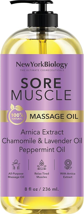 New York Biology Sore Muscle Massage Oil 8 Fl Oz – Made with 100% Natural Oils – Soothing Body Massage Oil - Absorbs Easily