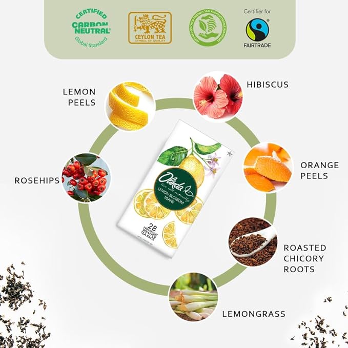 Olinda Herbal Tea Lemon Blossom Tisane Caffeine Free Organic Lemon Tea with Hibiscus Rosehips Orange Peel Lemongrass Natural Tea Bags For Women 28 Tea Bags